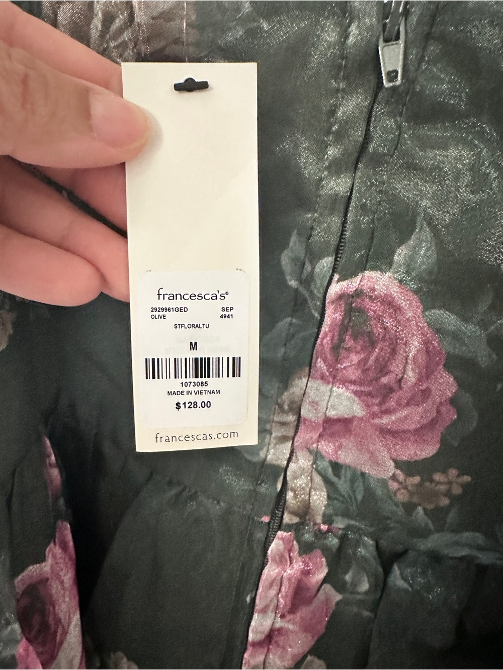 Francesca's Collections Dark Green Midi Dress with Pink Floral Print - Picture 3 of 3